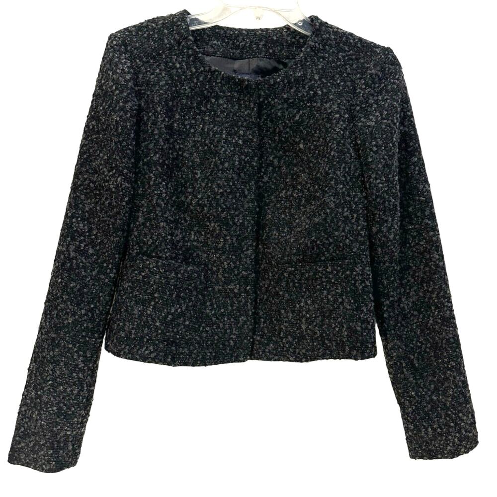 GAP Womens Lined Collarless Jacket Gray Black Boucle Textured Academia Small NWT